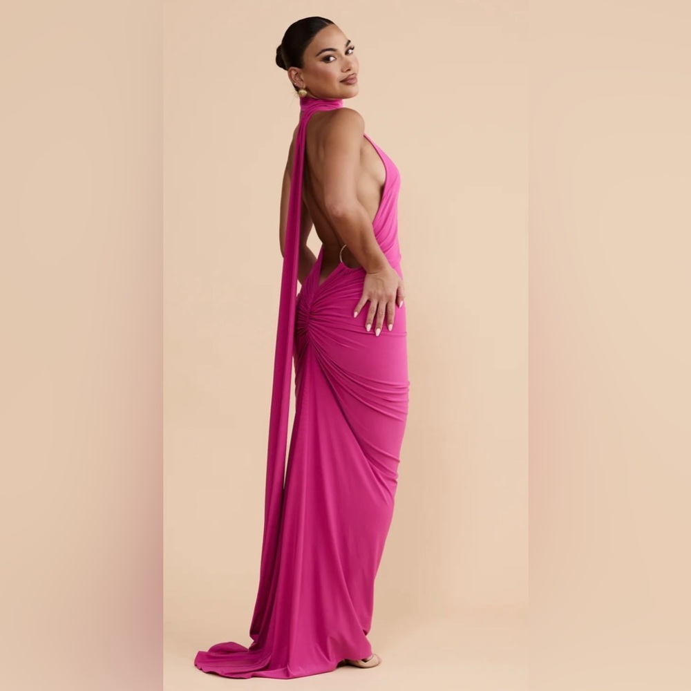 MELANI THE LABEL RASPBERRY BACKLESS HALTER MAXI DRESS